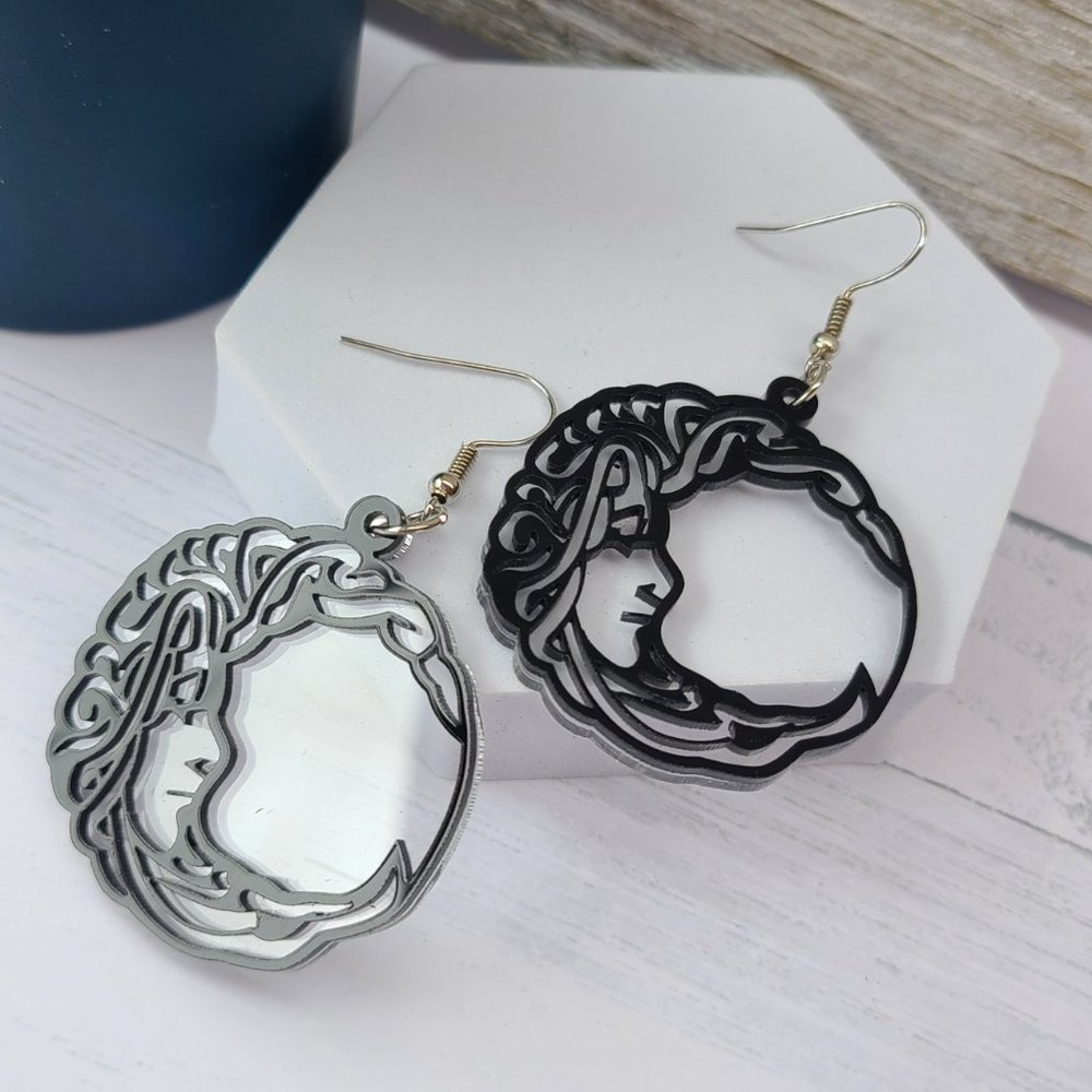 Steampunk Celestial Crescent Moon Lady Face Silhouette Dangle Earrings - Picture 3 of 5